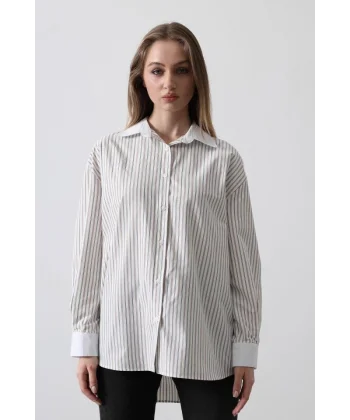 Çizgili Oversize Gömlek  Taş