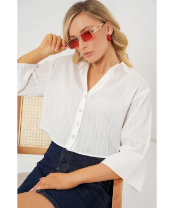 Çizgili Oversize Kısa Gömlek 20326 - Beyaz