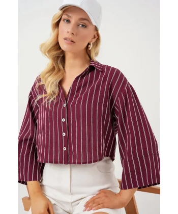 Çizgili Oversize Kısa Gömlek 20326 - Bordo