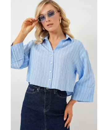 Çizgili Oversize Kısa Gömlek 20326 - Mavi