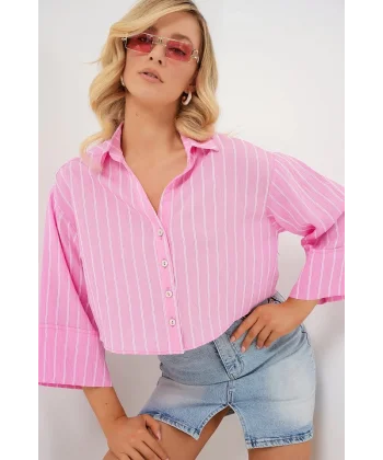 Çizgili Oversize Kısa Gömlek 20326 - Pembe