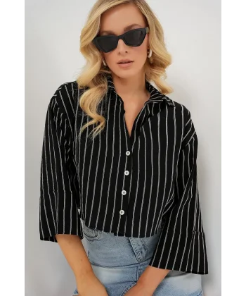 Çizgili Oversize Kısa Gömlek 20326 - Siyah