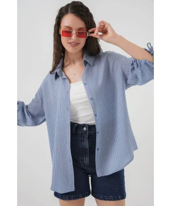 Çizgili Oversize Kısa Kol Gömlek 20296  İndigo