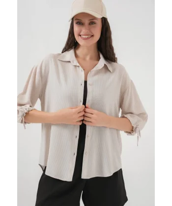 Çizgili Oversize Kısa Kol Gömlek 20296  Krem