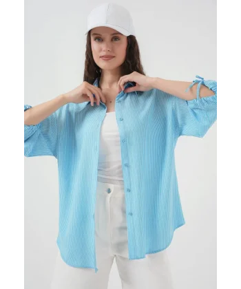 Çizgili Oversize Kısa Kol Gömlek 20296  Mavi