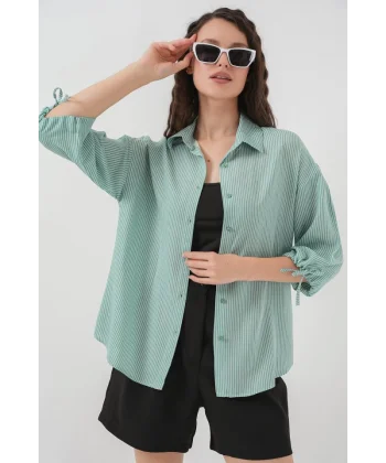Çizgili Oversize Kısa Kol Gömlek 20296  Mint
