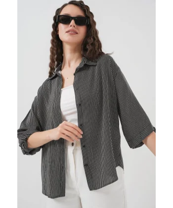 Çizgili Oversize Kısa Kol Gömlek 20296  Siyah