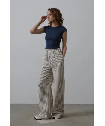 Çizgili Pamuklu Lastikli Pantolon - Bej-Lacivert