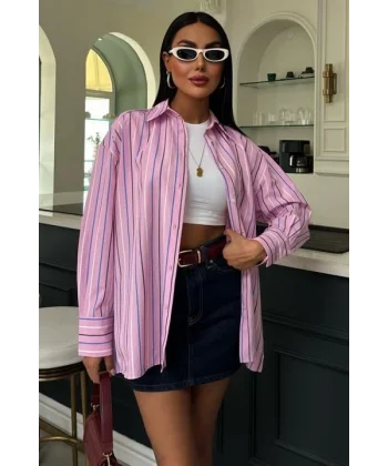 Çizgili Pembe Poplin Gömlek 3451