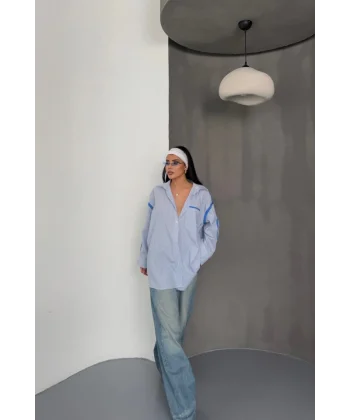 ÇİZGİLİ POLİN GÖMLEK BİYE ŞERİT DETAYLI - Mavi