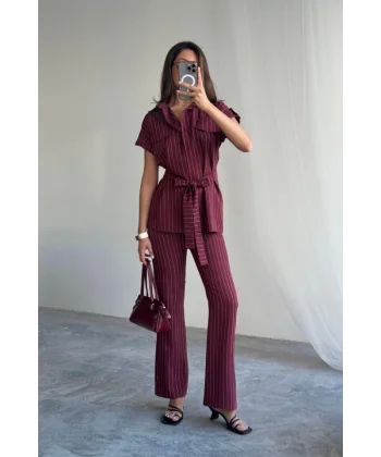 ÇİZGİLİ POLYVİSKON BLUZ - PANTOLON TAKIM - Bordo