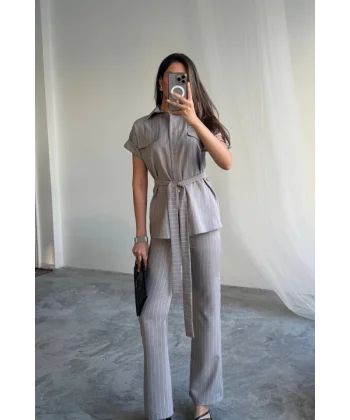 ÇİZGİLİ POLYVİSKON BLUZ - PANTOLON TAKIM - Gri