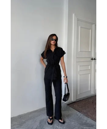 ÇİZGİLİ POLYVİSKON BLUZ - PANTOLON TAKIM - Siyah