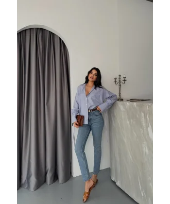 ÇİZGİLİ POPLİN GÖMLEK MANŞET İP DETAYLI - Lacivert