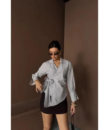 ÇİZGİLİ POPLİN KRUVAZE BAĞLAMALI GÖMLEK - Kahverengi