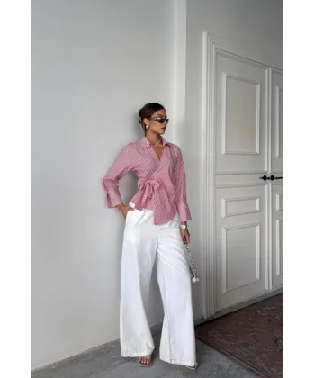 ÇİZGİLİ POPLİN KRUVAZE BAĞLAMALI GÖMLEK - Kırmızı