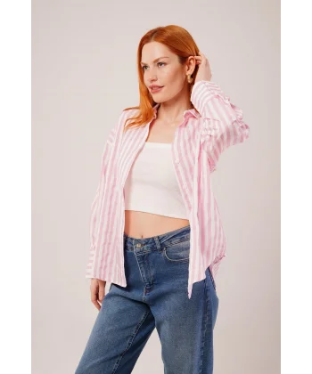 Çizgili Rahat Kesim Pembe Gömlek