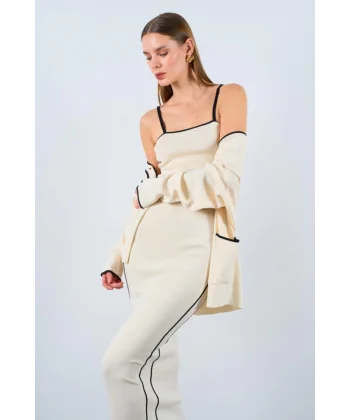 Çizgili Süzeneli 3 Lü Takım  KremSiyah