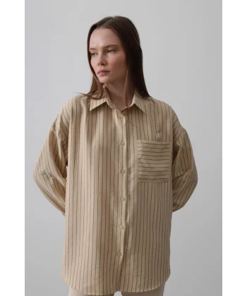 Çizgili Tek Cep Gömlek - Taş