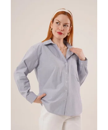 Çizgili Tek Cepli Klasik Kesim Düğmeli avi Gömlek