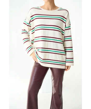 Çizgili Triko Kazak  EkruBordo