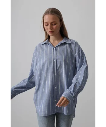Çizgili Tunik Gömlek - Mavi Desen 1
