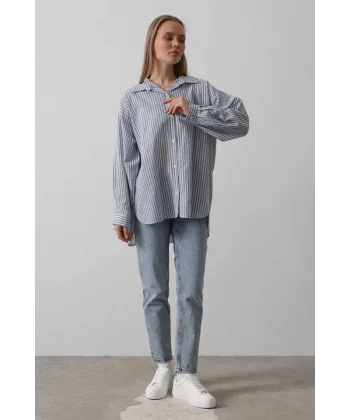 Çizgili Tunik Gömlek - Mavi Desen 4