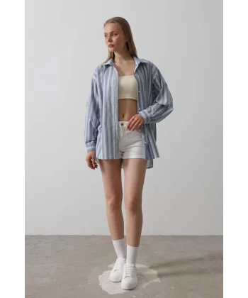 Çizgili Tunik Gömlek - Mavi Desen 5