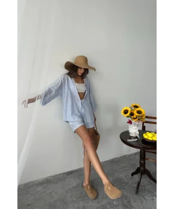 ÇİZGİLİ TUNİK -  ŞORT TAKIM - Mavi