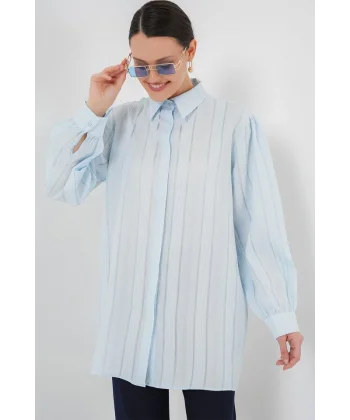 Çizgili Uzun Gömlek Tunik 5947 - Mavi