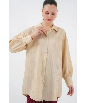 Çizgili Uzun Gömlek Tunik 5963 - Bej