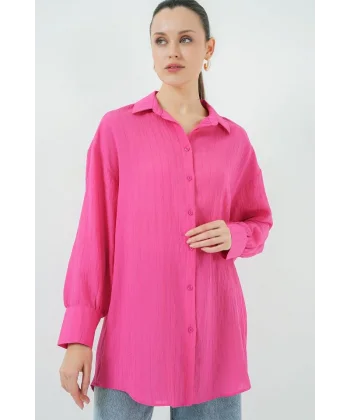 Çizgili Uzun Gömlek Tunik 5963 - Fuşya