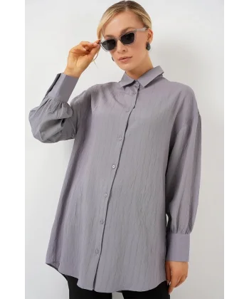 Çizgili Uzun Gömlek Tunik 5963 - Gri