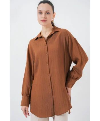 Çizgili Uzun Gömlek Tunik 5963 - Kahverengi