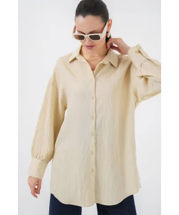 Çizgili Uzun Gömlek Tunik 5963 - Krem