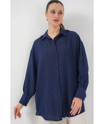 Çizgili Uzun Gömlek Tunik 5963 - Lacivert