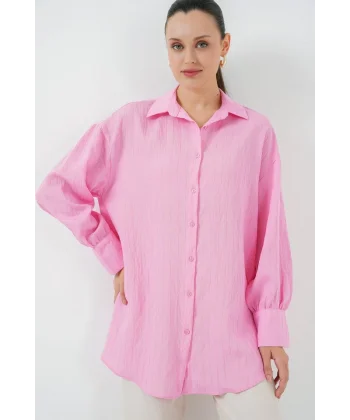 Çizgili Uzun Gömlek Tunik 5963 - Pembe