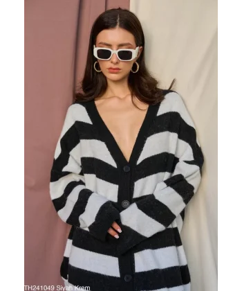 Çizgili Uzun Hırka  SiyahKrem