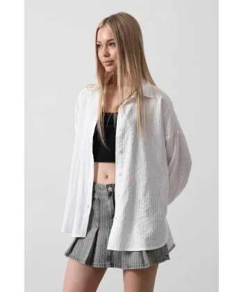 Çizgili Uzun Kol Gömlek  Beyaz