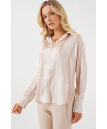 Çizgili Uzun Saten Gömlek 20291 - Bej