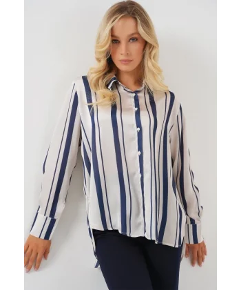 Çizgili Uzun Saten Gömlek 20291 - Lacivert