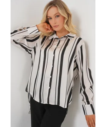 Çizgili Uzun Saten Gömlek 20291 - Siyah