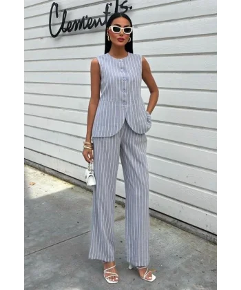 Çizgili Viscon Keten Yelekli Rahat Takım 10121