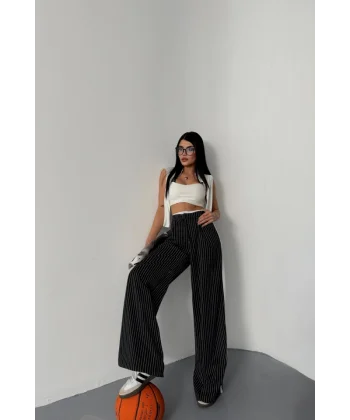 ÇİZGİLİ YANLAR ŞERİT DETAYLI PANTOLON - Siyah