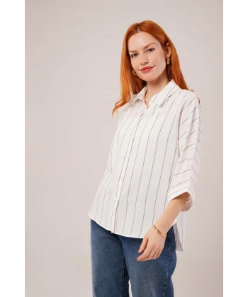 Çizgili Yarasa Kol Gri Gömlek