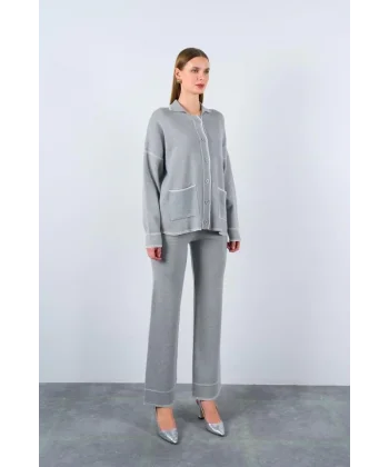 Çoban Dikişli Pantolon Takım  GriEkru