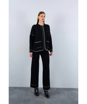 Çoban Dikişli Pantolon Takım  SiyahEkru