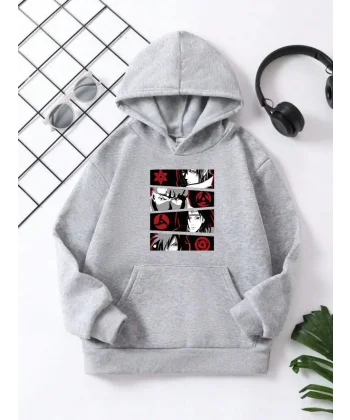 Çocuk Unisex Kapüşonlu Anime Baskılı Sweatshirt - Gri