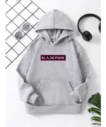 Çocuk Unisex Kapüşonlu Blackpink Baskılı Pamuklu Sweatshirt - Gri