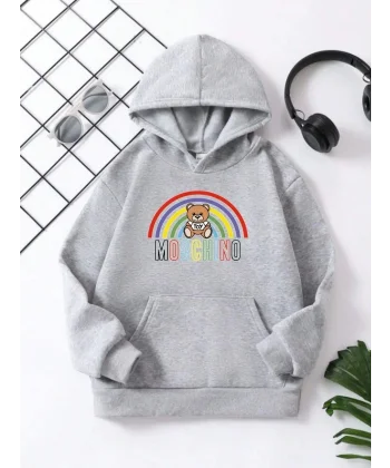 Çocuk Unisex Kapüşonlu Büyük Gökkuşağı Baskılı Pamuklu Sweatshirt - Gri
